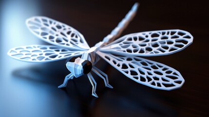 Wall Mural - Intricate 3D-Rendered Dragonfly on a Dark Surface with Soft Lighting and Detailed Texture