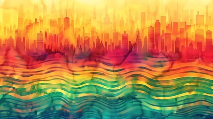 Wall Mural - A colorful, abstract image of a city skyline with wavy lines and a blurred background.