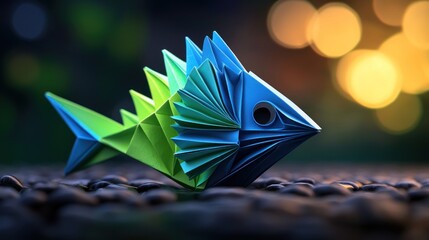 Wall Mural - colorful origami fish on textured surface with blurred bokeh lights in the background