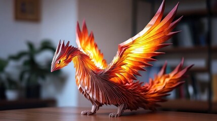 Wall Mural - a vibrant paper phoenix sculpture with illuminated wings, set in a cozy indoor environment