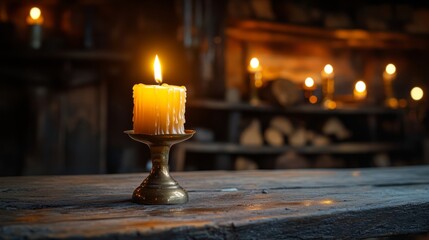 Wall Mural - Antique brass candle holder with melted wax, surrounded by dim light and old wooden shelves 