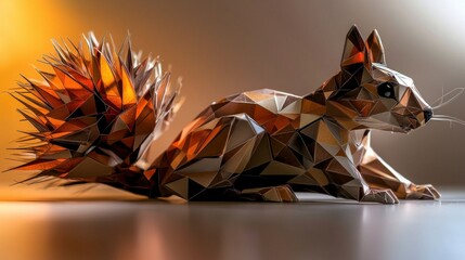 Wall Mural - A beautifully crafted geometric squirrel sculpture with a vibrant tail, set against a warm gradient backdrop