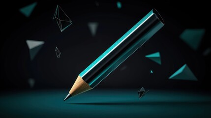 Wall Mural - a sleek black pencil with a sharp tip surrounded by floating geometric shapes in a dark background