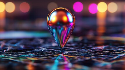 Wall Mural - colorful metallic droplet balancing on a textured surface with blurred vibrant lights in the backgro