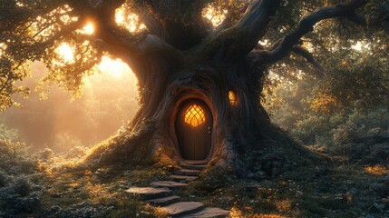 Wall Mural - Enchanting treehouse nestled in a mystical forest at sunset