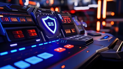 Poster - futuristic control panel with glowing buttons and shield logo in a high-tech environment