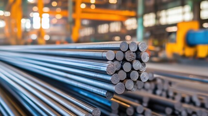 High-Quality Close-Up of Steel Rods in Metal Industry Warehouse with Industrial Machinery in Background