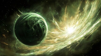 Wall Mural - ethereal green planet orbiting a celestial nebula
