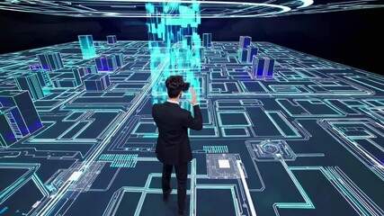 Leinwandbilder - Individual explores virtual city through immersive technology in a futuristic digital environment