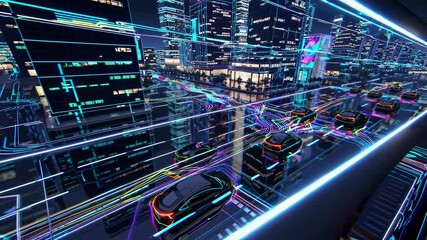 Poster - Futuristic cityscape showcasing smart transportation and illuminated streets at night