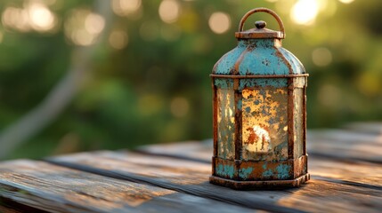 Wall Mural - Old iron lantern with chipped paint, resting on a wooden surface with soft lighting 