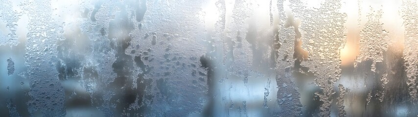 Fototapete - Close up of a frosty window pane with intricate patterns of frozen water droplets and crystals reflecting the warm glow of a setting sun or rising dawn  The blurred