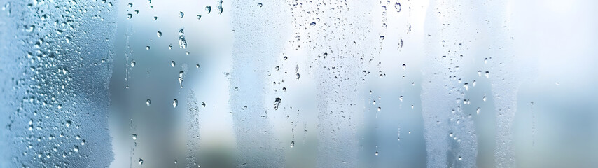 Fototapete - Close up view of a rainy window glass with blurry reflection of water droplets and a hazy atmospheric background  The tranquil moody scene evokes a sense of solitude and contemplation