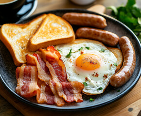 Wall Mural - A plate of bacon and eggs, with toast on the side and sausages. The food is arranged beautifully in an elegant setting, showcasing its delicious appearance. There is also coffee to go along with it.