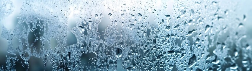 Poster - Close up view of a rainy windowpane with water droplets condensation and a blurred outdoor landscape on a gloomy overcast winter day