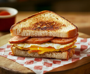 Wall Mural - Chicken Sausage & Egg Sandwich made with square-shaped jumbo sandwich bread, lightly toasted to a golden-brown shade with a naturally pressed, evenly flattened surface from grilling