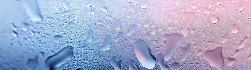Poster - Closeup shot of water droplets on a glass surface creating a mesmerizing abstract pattern with a stunning blue and pink color gradient reflection  The image has a minimalist futuristic and aesthetic