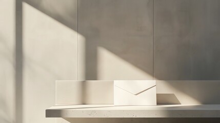 Wall Mural - A white envelope sits on a white shelf in front of a plain white wall with sun shining through a window.