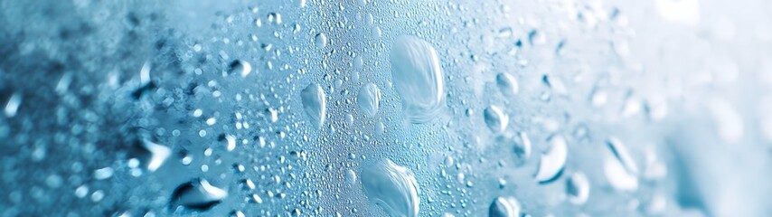 Leinwandbilder - Closeup view of wet window glass covered in condensation and raindrops reflecting a blurred out of focus natural landscape in the background  The image has a serene calming and atmospheric feel
