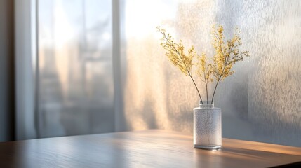 Aufkleber - Cozy and Serene Sunlit Workspace with Wooden Desk Floral Vase Arrangement and Minimal Home Office Decor  Tranquil and Elegant Tabletop Setup with Natural Lighting and Warm Atmosphere