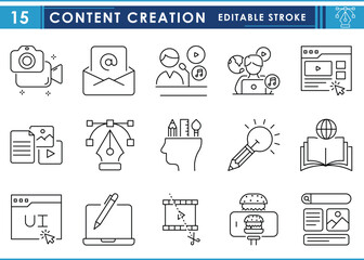 a set of line icons related to content creation. content, video, food vlogging, network, digital, de
