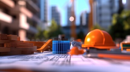 Construction site with blueprints and tools in foreground, cranes and buildings in background