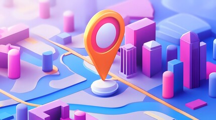 Poster - Detailed 3D rendered of a vibrant and modern city skyline with skyscrapers streets and roads  A navigation pin pointer icon is placed on the map