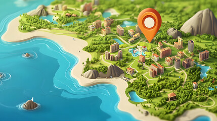 Aufkleber - Detailed 3D rendered isometric map of a picturesque coastal town with islands beaches harbors and other geographic features  Vibrant minimalist and geometric style with a focus on tourism travel