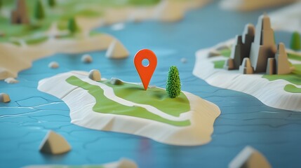 Aufkleber - Detailed digital 3D map with marker pin pointing to a scenic nature landscape destination for adventure outdoor recreation  The map showcases a terrain of mountains rivers lakes and forests