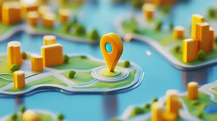 Poster - Detailed digital city map with 3D buildings streets and transportation infrastructure with a navigation pointer marker highlighting a specific destination or location for travel business analysis