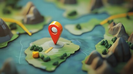 Aufkleber - Detailed digital landscape map with a red navigation marker pin indicating a specific location or point of interest  The map shows various geographical features like mountains forests rivers