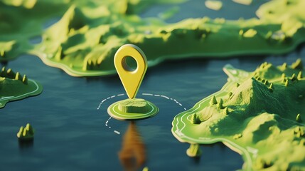 Aufkleber - Detailed geographic map with green navigation pin pointer marker showing the destination for an travel journey  Topographic landscape with mountains forests rivers
