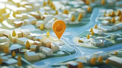 Poster - Detailed isometric 3D digital map with navigation pin pointer on a city landscape of residential commercial and infrastructure buildings and roads