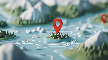 Aufkleber - Detailed map showcasing a picturesque mountainous landscape with a navigation pin highlighting a remote idyllic destination for outdoor adventure and