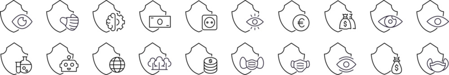 Wall Mural - minimalistic linear illustrations of insurance. contains icons of health, money, robot etc by shield