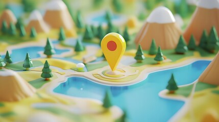 Aufkleber - Detailed miniature papercraft map with a GPS navigation pointer on a scenic mountainous landscape with forests rivers and other natural elements