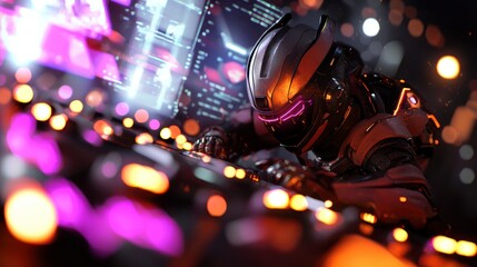 Poster - futuristic cyborg intensely focused on a glowing keyboard in a high-tech digital environment
