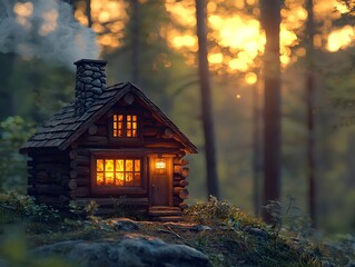 Wall Mural - Cozy Cabin Glowing with Lantern Light in Enchanting Forest at Sunset