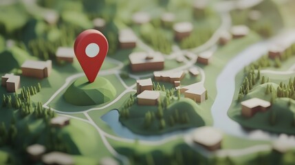 Aufkleber - Detailed topographical map with red GPS marker pinpointing a scenic outdoor adventure destination in a lush green forested mountainous landscape