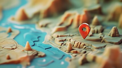 Aufkleber - Detailed Travel Map with Red Pointer Pin Marking an or Tourism Destination on a Rugged Mountainous Landscape with Rivers Coastlines and Other Geographical Features