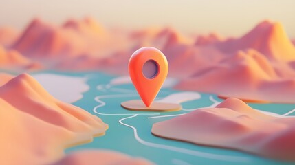 Aufkleber - Digital 3D depicting a map pointer icon amid an abstract mountainous landscape scene in a vibrant color palette