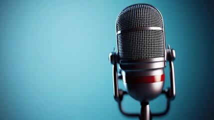 Wall Mural - vintage microphone against a soft blue background, symbolizing music and audio recording