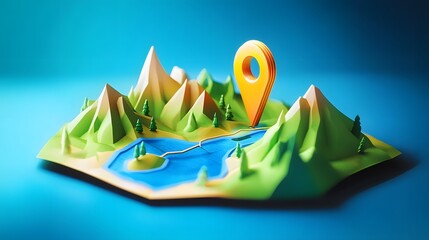 Aufkleber - Digital 3D map with navigation pointer icon and mountainous landscape with forests rivers and lakes  Concept for outdoor discovery