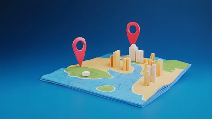 Poster - Digital 3D map displaying city infrastructure transportation routes and GPS markers for location and navigation purposes  Useful for tourism business planning and data analysis