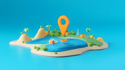 Aufkleber - Digital cartoon of a colorful map with a location pointer icon in a tropical island landscape with mountains palm trees and beach  Concept of travel adventure and navigation
