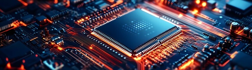 Fototapete - Futuristic circuit board with microchip and digital technology elements  Closeup view of electronic hardware semiconductor and computer components on a technological background