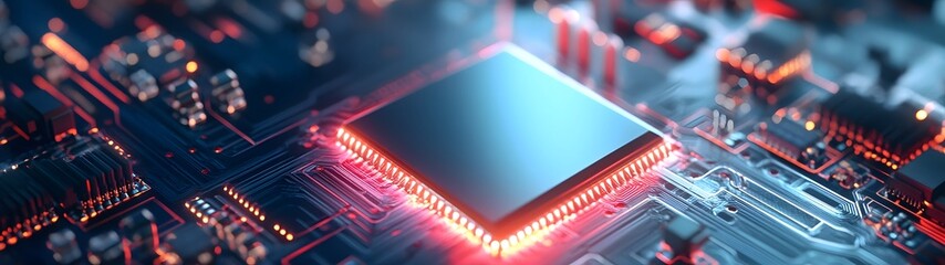 Aufkleber - Futuristic computer circuit board with glowing microchips processors and electronic components  High tech digital technology engineering and innovation background