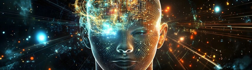 Aufkleber - Futuristic cyborg digital portrait immersed in a glowing abstract cosmic landscape filled with luminous energy binary codes and data connections