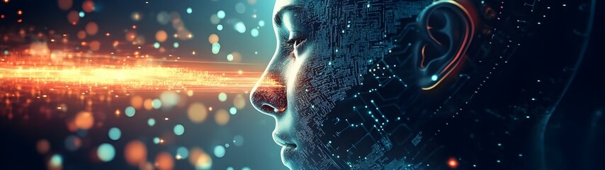 Fototapete - Futuristic cyborg face with glowing digital enhancements data intelligence and surreal neon bokeh background representing the concept of advanced technology innovation