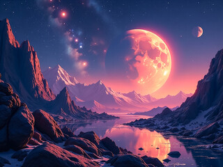 Wall Mural - sci-fi background. mountains moon planet, fantastic background for design, posters, posters, notebooks, puzzles.